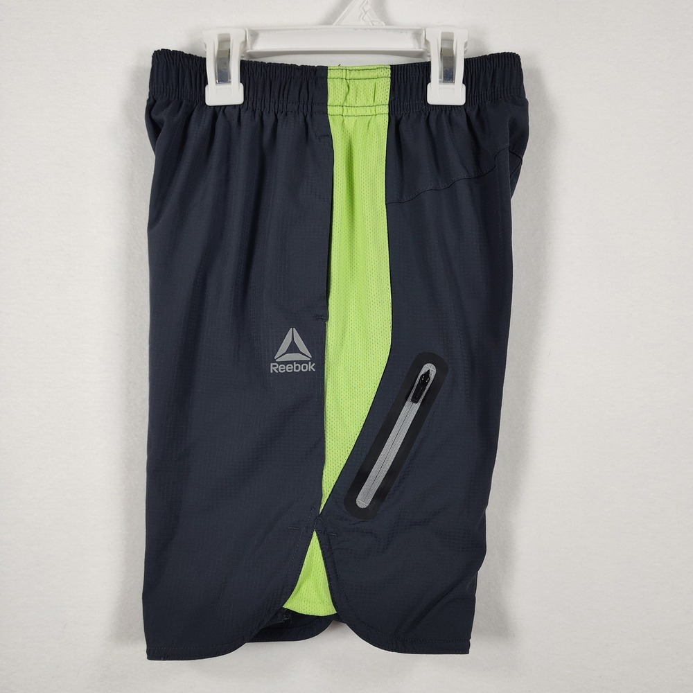 Reebok Boys Athletic Shorts Gray Lime Green Zipper Pocket Size L 10/12 - Picture 2 of 13